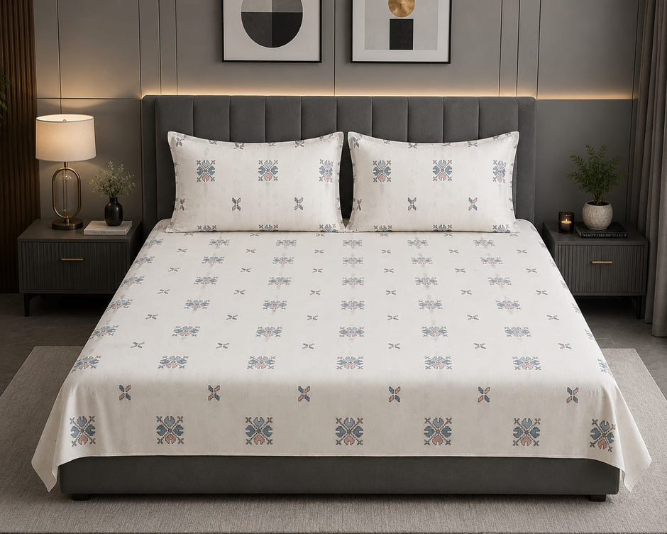 Pixel Art - Ivory Nordic Motifs : 100% cotton bedsheet