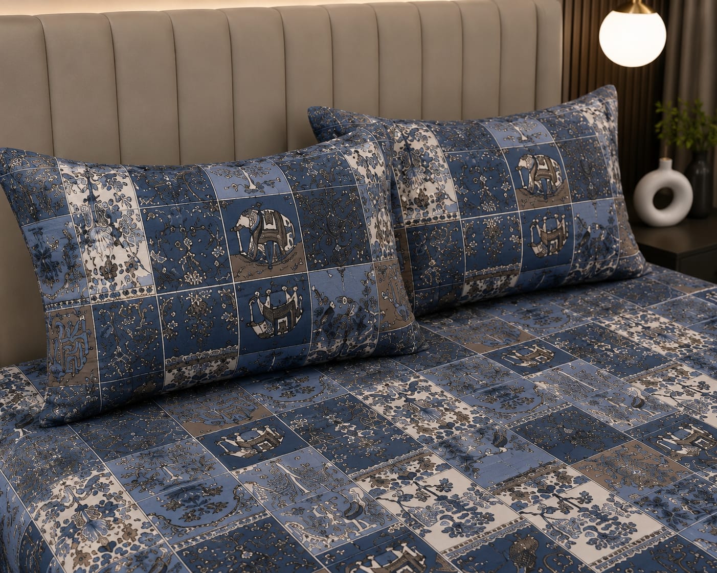 Oscar -Jaipur Heritage Indigo Patchwork Elephant Print 100% Cotton Bedsheet with 2 Pillow Covers