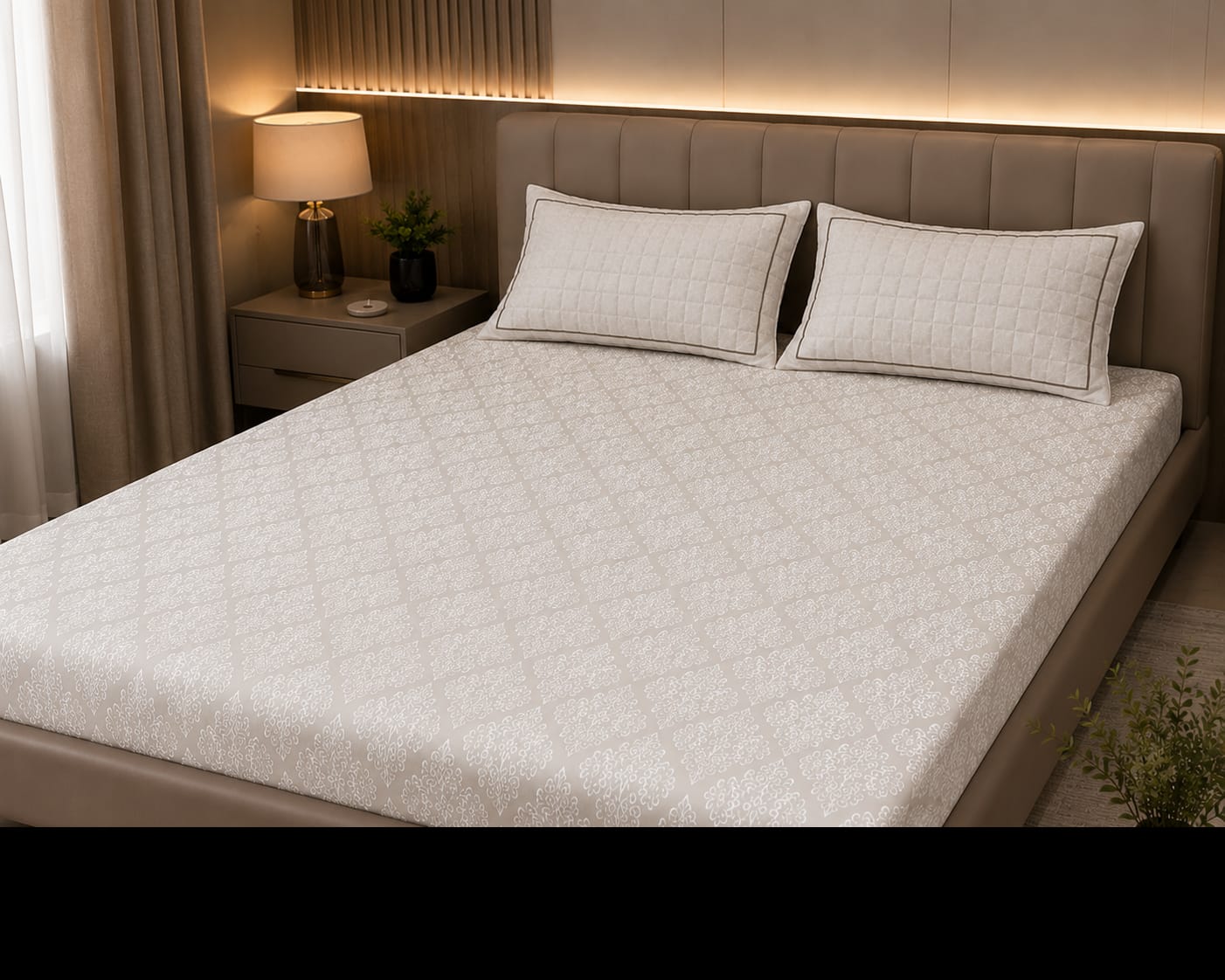 Embose - Ivory Taupe Regal Medallion Premium - 100%Cotton Bedsheet Set with Quilted Pillow Covers