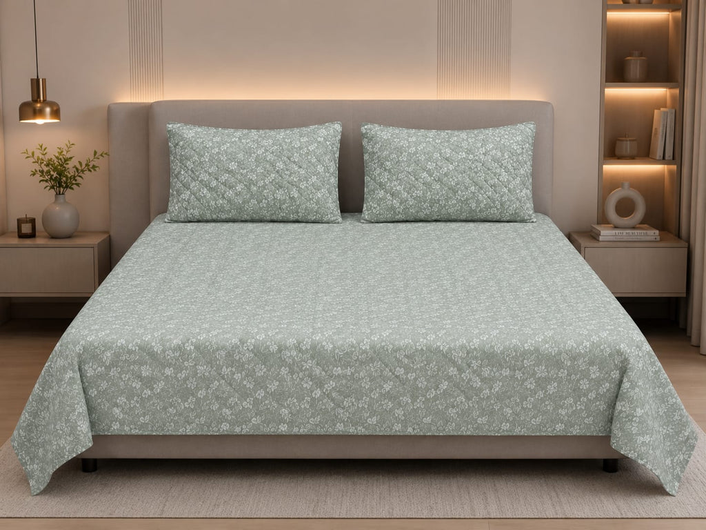 Rockstar - Sage Green Blossom Luxe Premium -100% Cotton bedsheet set with quilted pillow covers