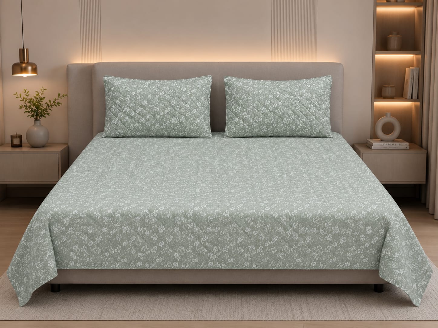 Rockstar - Sage Green Blossom Luxe Premium -100% Cotton bedsheet set with quilted pillow covers