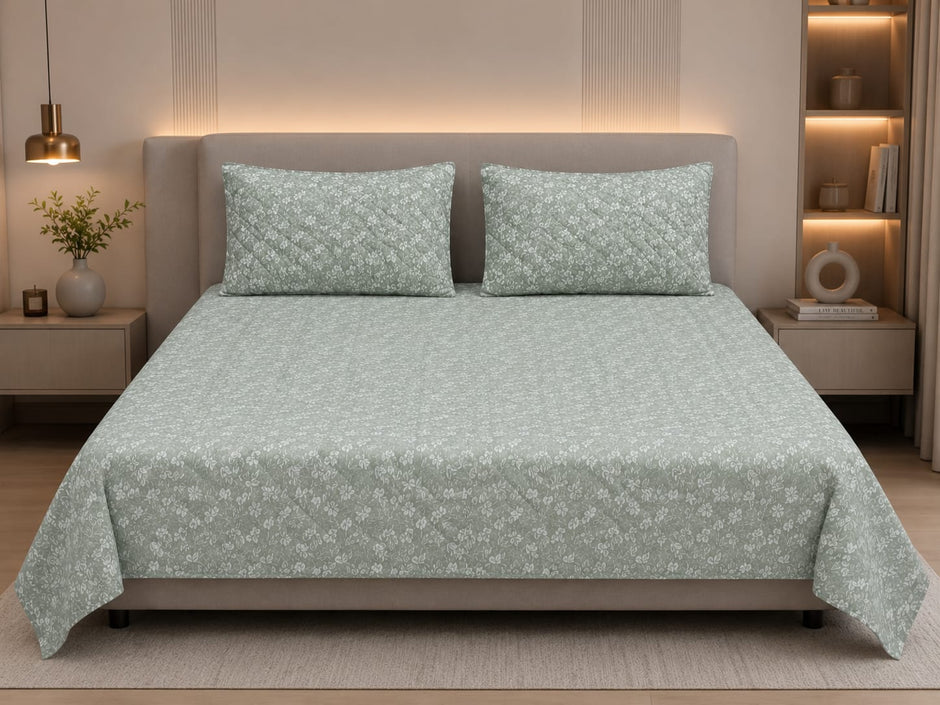 Rockstar - Sage Green Blossom Luxe Premium -100% Cotton bedsheet set with quilted pillow covers