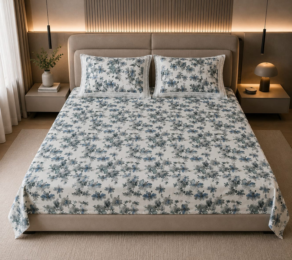 True block - Blue Orchid Royale Premium Flat Bedsheet - 100% cotton with Lace Pillowcases