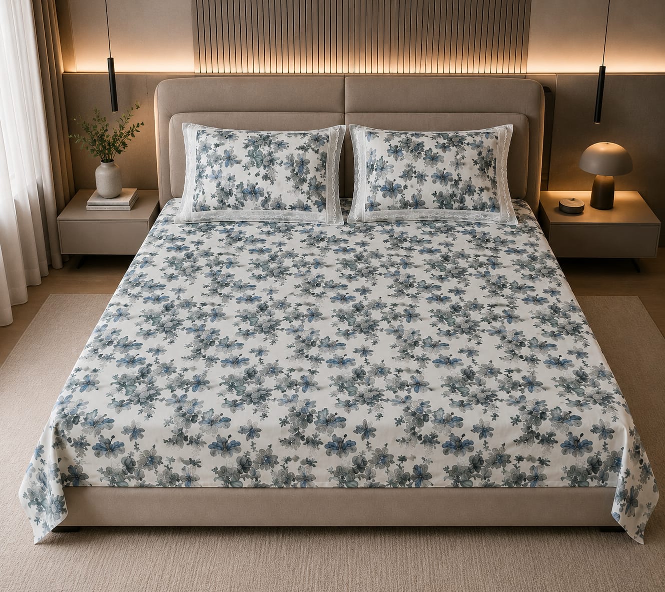 True block - Blue Orchid Royale Premium Flat Bedsheet - 100% cotton with Lace Pillowcases