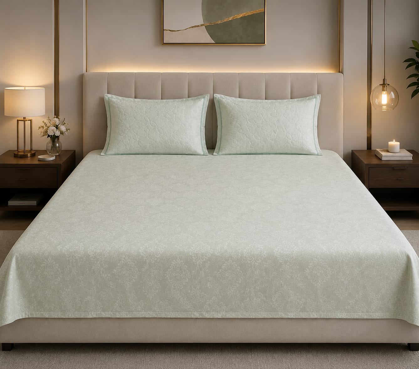 Embose - Ivory Sage Damask Elegance Premium-100% Cotton Bedsheet set with Quilted Pillow Covers