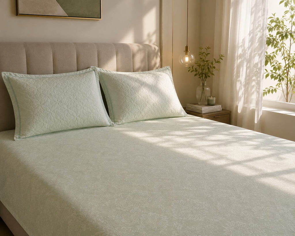 Embose - Ivory Sage Damask Elegance Premium-100% Cotton Bedsheet set with Quilted Pillow Covers
