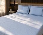 Embose -  Powder Blue Regal Damask Premium-100%Cotton Bedsheet Set with Quilted Pillow Covers