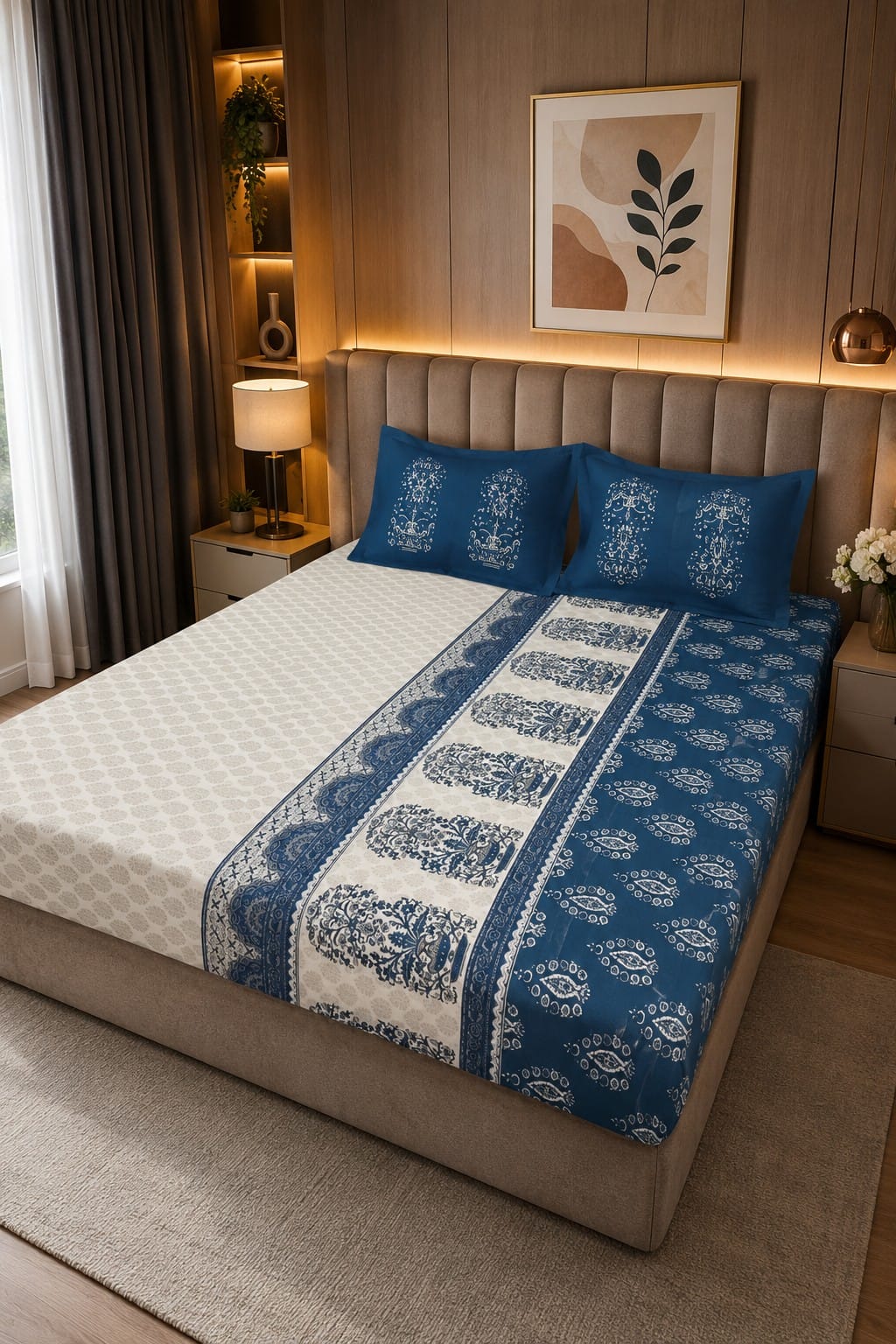 Dhurandhar Jaipur Heritage Indigo Paisley Border 100% Cotton Bedsheet – Ivory White & Royal Blue