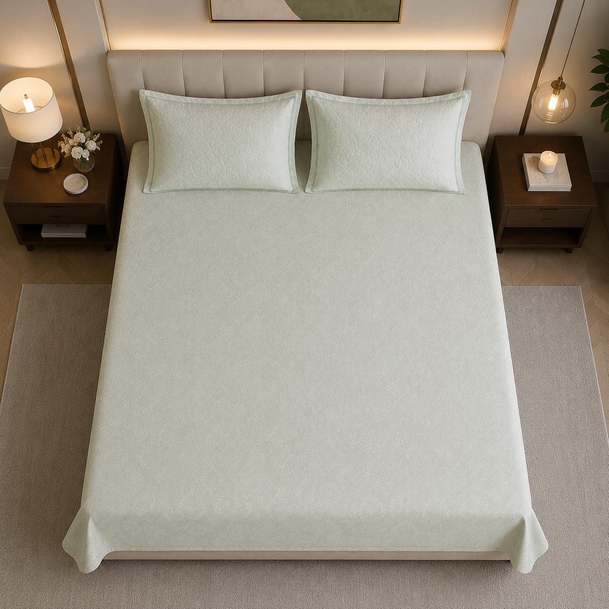 Embose - Ivory Sage Damask Elegance Premium-100% Cotton Bedsheet set with Quilted Pillow Covers