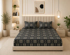Dark and silk - Urban Noir Geometric Grid premium Flat Bedsheet With 2 Pillow Covers - 100%Cotton
