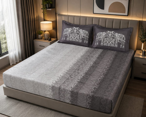 Dhurandhar Jaipur Heritage Royal Elephant 100% Cotton Bedsheet – Silver Charcoal Grey”