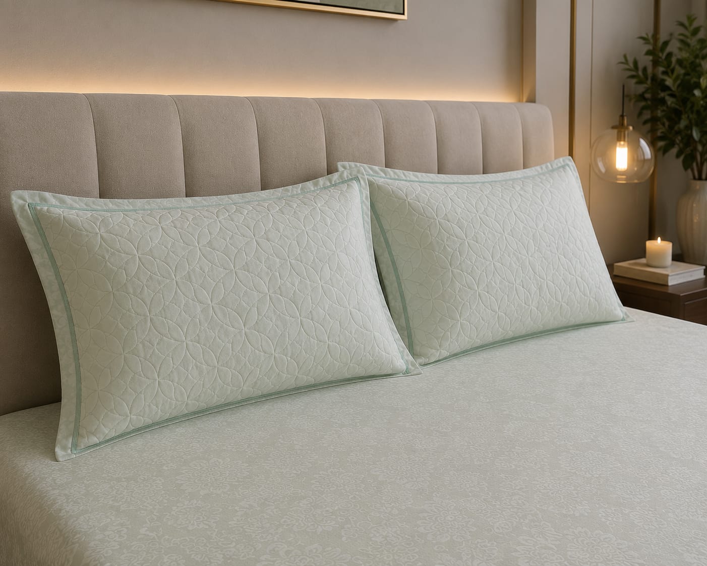 Embose - Ivory Sage Damask Elegance Premium-100% Cotton Bedsheet set with Quilted Pillow Covers