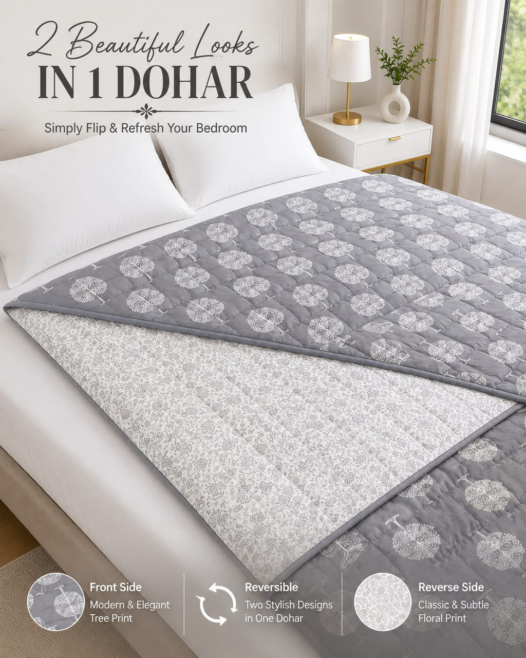 Nordic Tree Reversible Double Bed Dohar | Cotton Rich | All Season AC Quilt | Soft Quilted Grey & White Tree Print