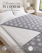 Nordic Tree Reversible Double Bed Dohar | Cotton Rich | All Season AC Quilt | Soft Quilted Grey & White Tree Print