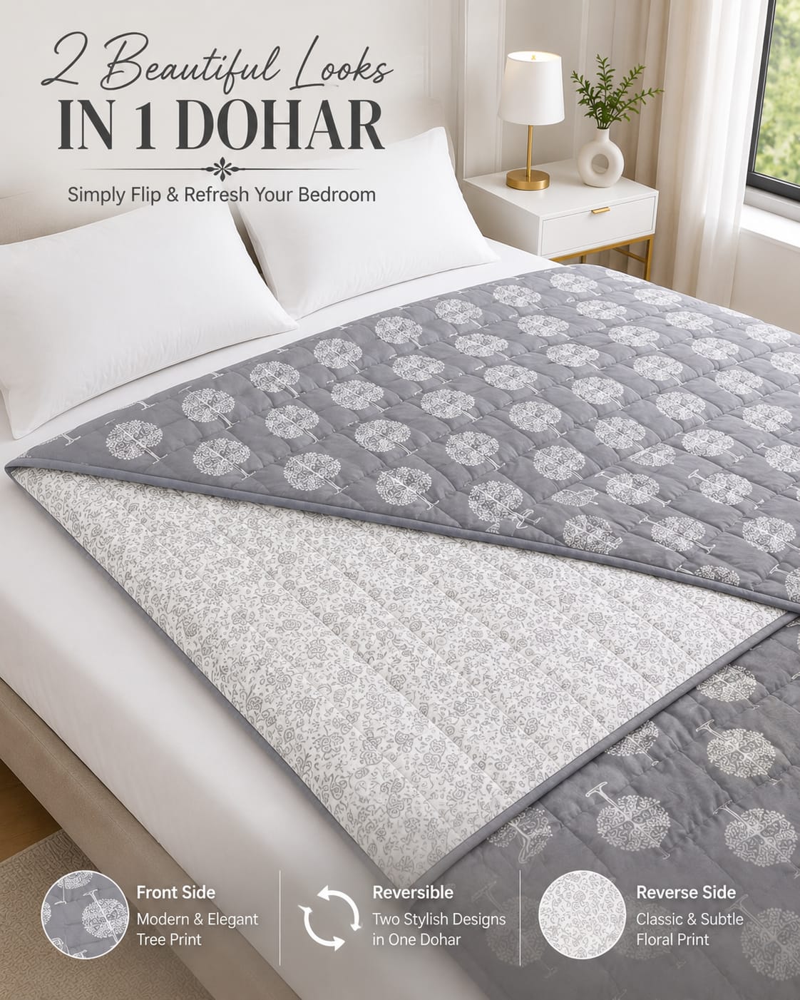 Nordic Tree Reversible Double Bed Dohar | Cotton Rich | All Season AC Quilt | Soft Quilted Grey & White Tree Print