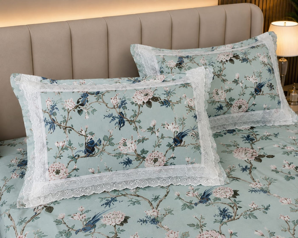 True block - Celestial Bloom Premium Bedsheet Set - 100% cotton with lace pillowcases