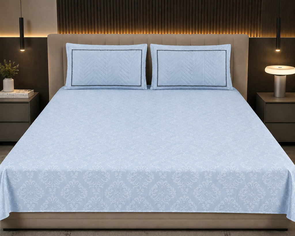 Embose -  Powder Blue Regal Damask Premium-100%Cotton Bedsheet Set with Quilted Pillow Covers