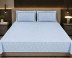 Embose -  Powder Blue Regal Damask Premium-100%Cotton Bedsheet Set with Quilted Pillow Covers