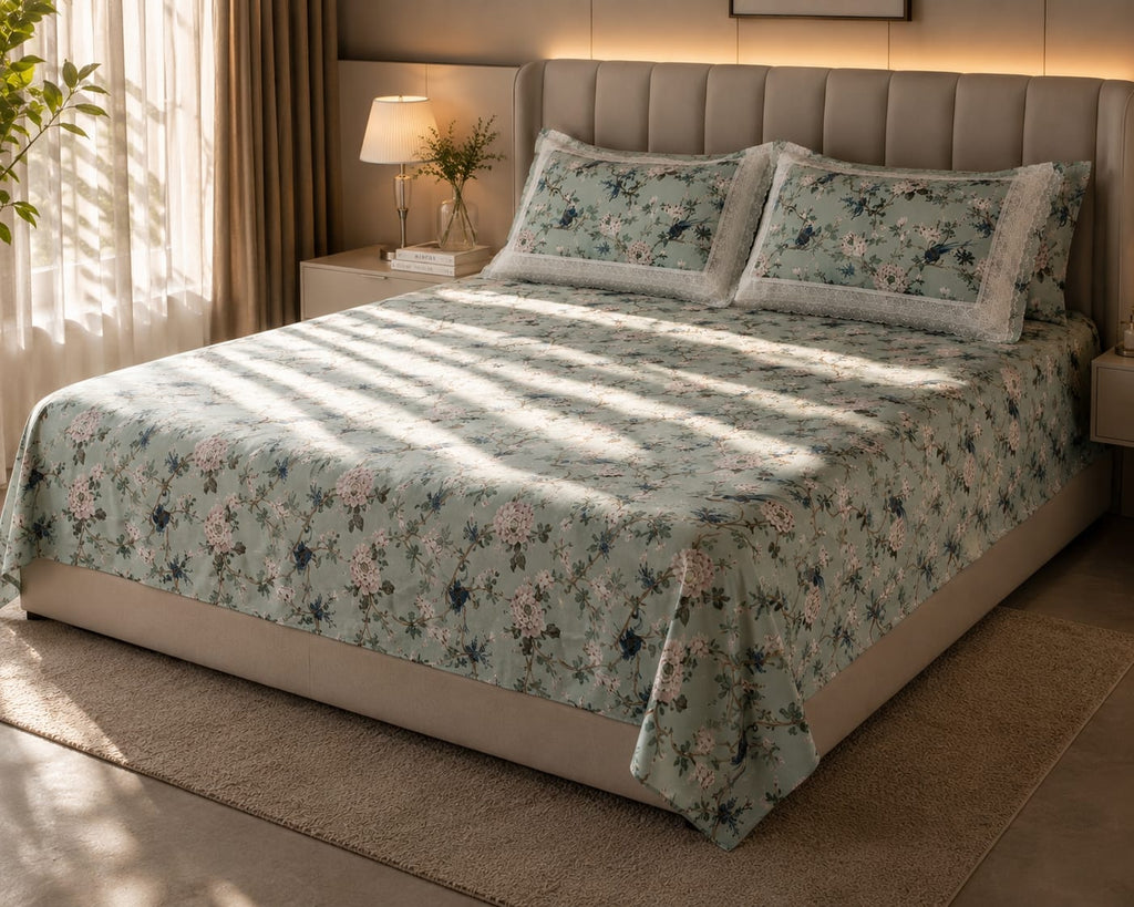 True block - Celestial Bloom Premium Bedsheet Set - 100% cotton with lace pillowcases