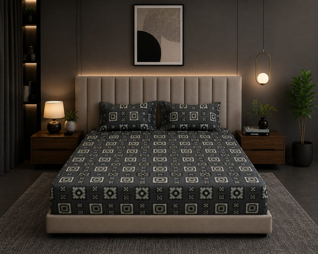 Dark and silk - Urban Noir Geometric Grid premium Flat Bedsheet With 2 Pillow Covers - 100%Cotton