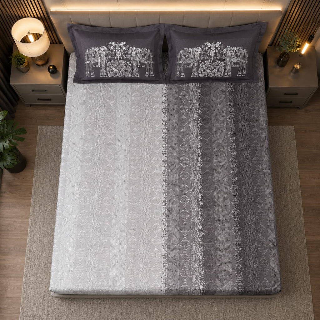 Dhurandhar Jaipur Heritage Royal Elephant 100% Cotton Bedsheet – Silver Charcoal Grey”