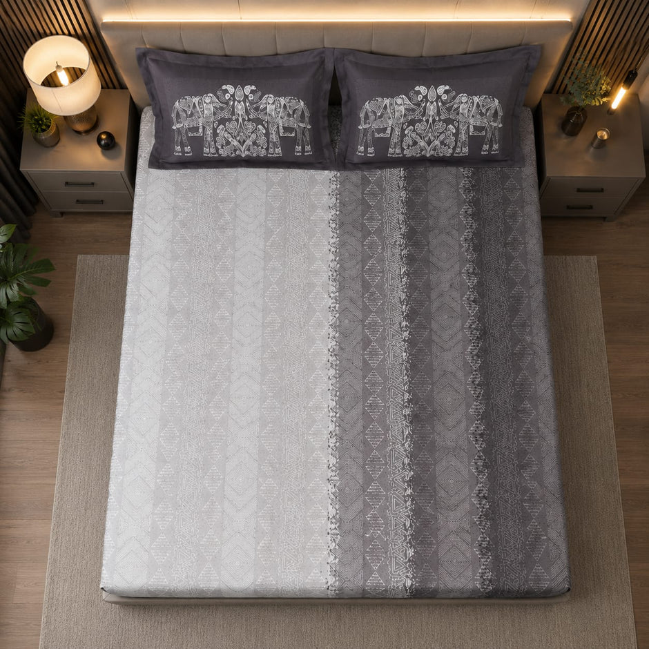 Dhurandhar Jaipur Heritage Royal Elephant 100% Cotton Bedsheet – Silver Charcoal Grey”
