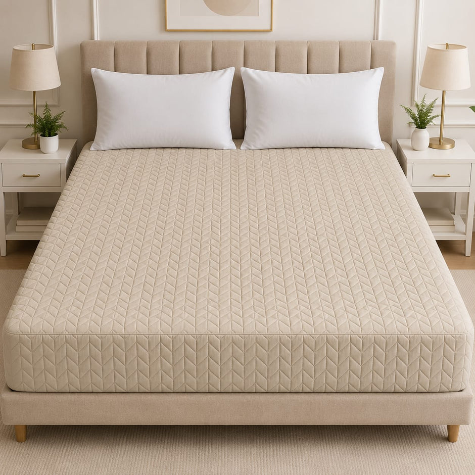 Premium Quilted waterproof mattress protector - soft breathable fitted bed cover - ivory beige