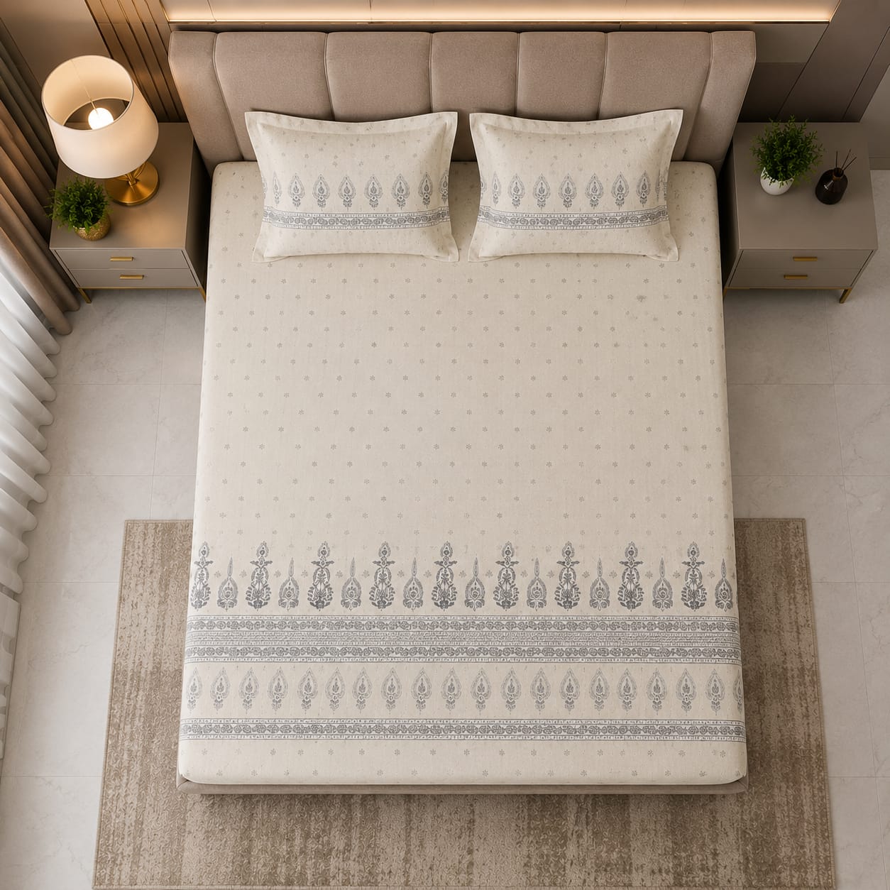 Dhurandhar Jaipur Heritage Ivory Paisley Border 100% Cotton Bedsheet – Ivory Grey”