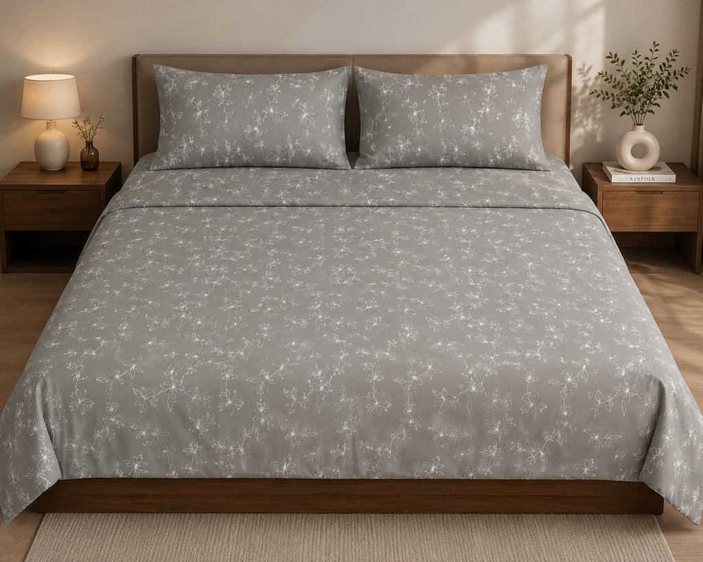 Spray - Moonstone Grey Floral Elegance premium Bedsheet Set -100% Cotton