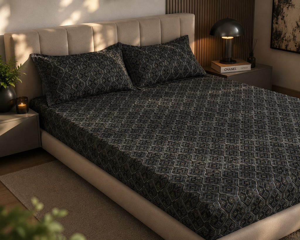 Dark and silk- Midnight Mosaic Luxe  Premium Bedsheet Set - 100%Cotton