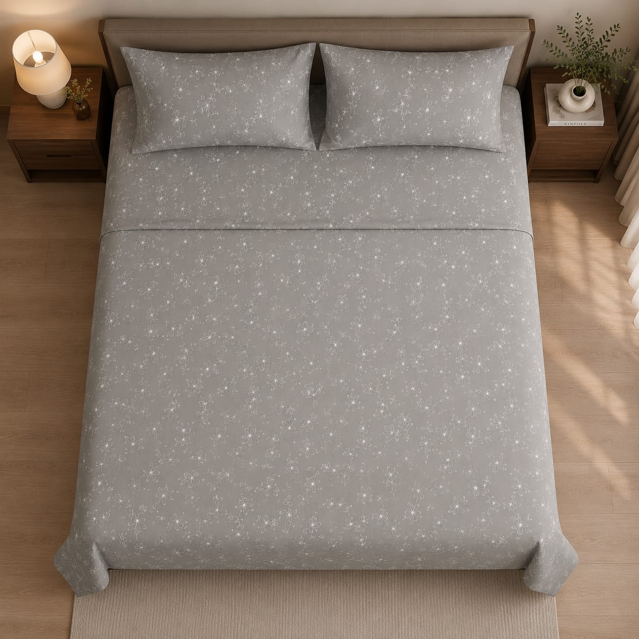 Spray - Moonstone Grey Floral Elegance premium Bedsheet Set -100% Cotton
