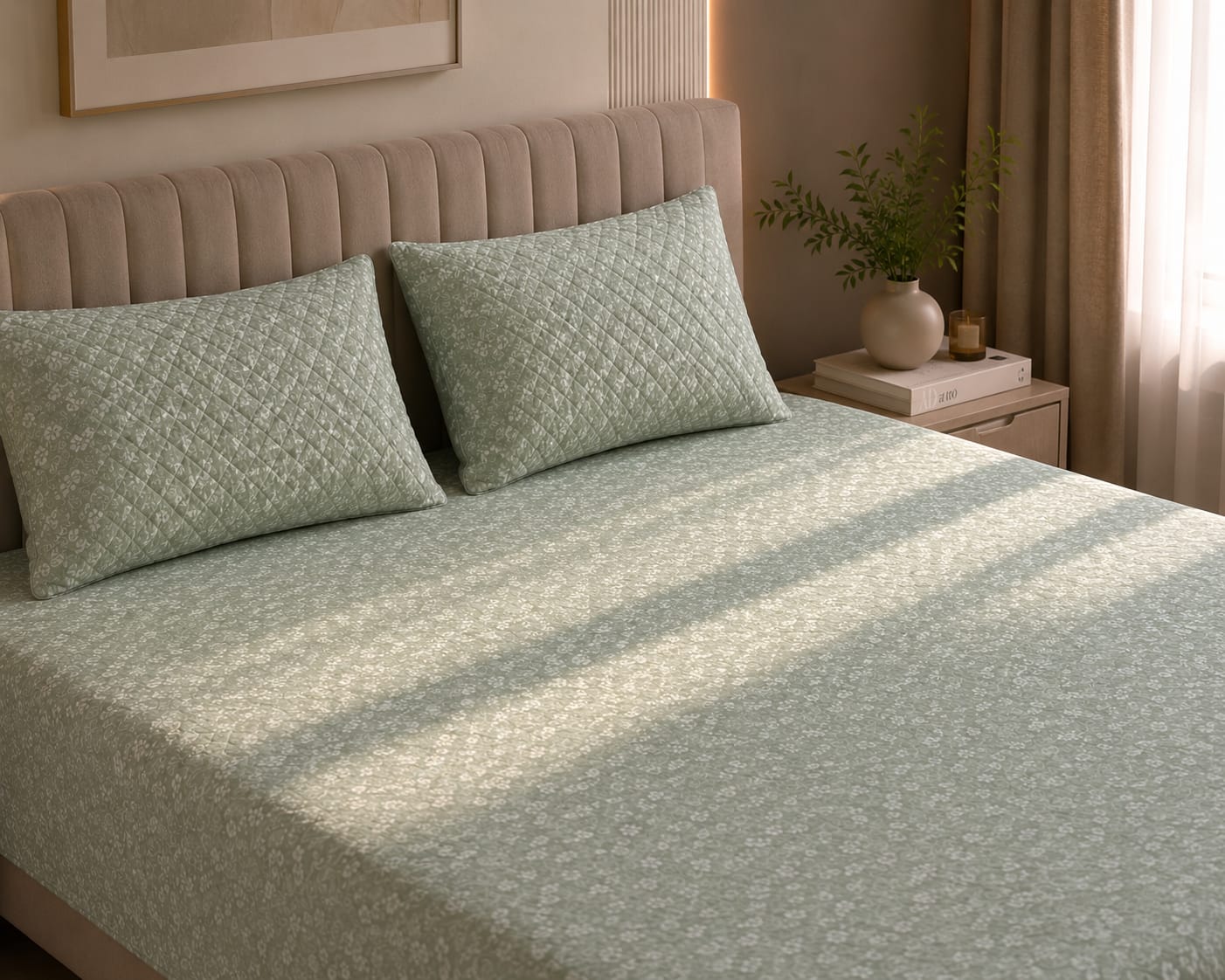 Rockstar - Sage Green Blossom Luxe Premium -100% Cotton bedsheet set with quilted pillow covers