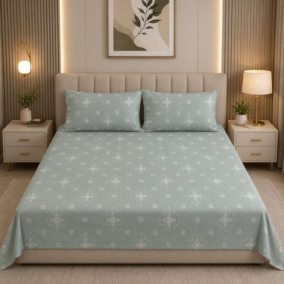 Glitter bedding - Sage Green Heritage Damask 100% Cotton Bedsheet Set Premium Floral Motif