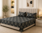 Dark and silk - Urban Noir Geometric Grid premium Flat Bedsheet With 2 Pillow Covers - 100%Cotton