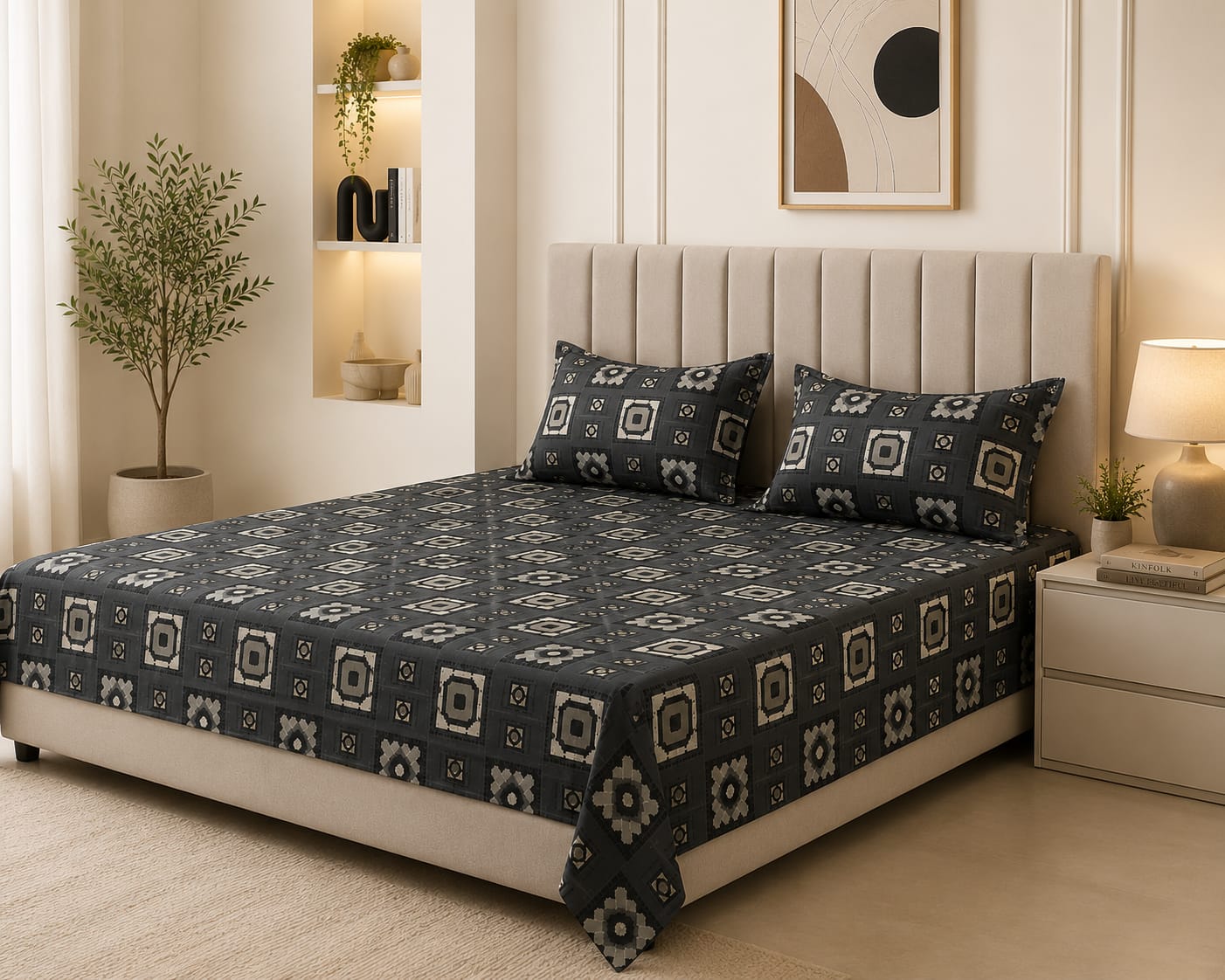 Dark and silk - Urban Noir Geometric Grid premium Flat Bedsheet With 2 Pillow Covers - 100%Cotton