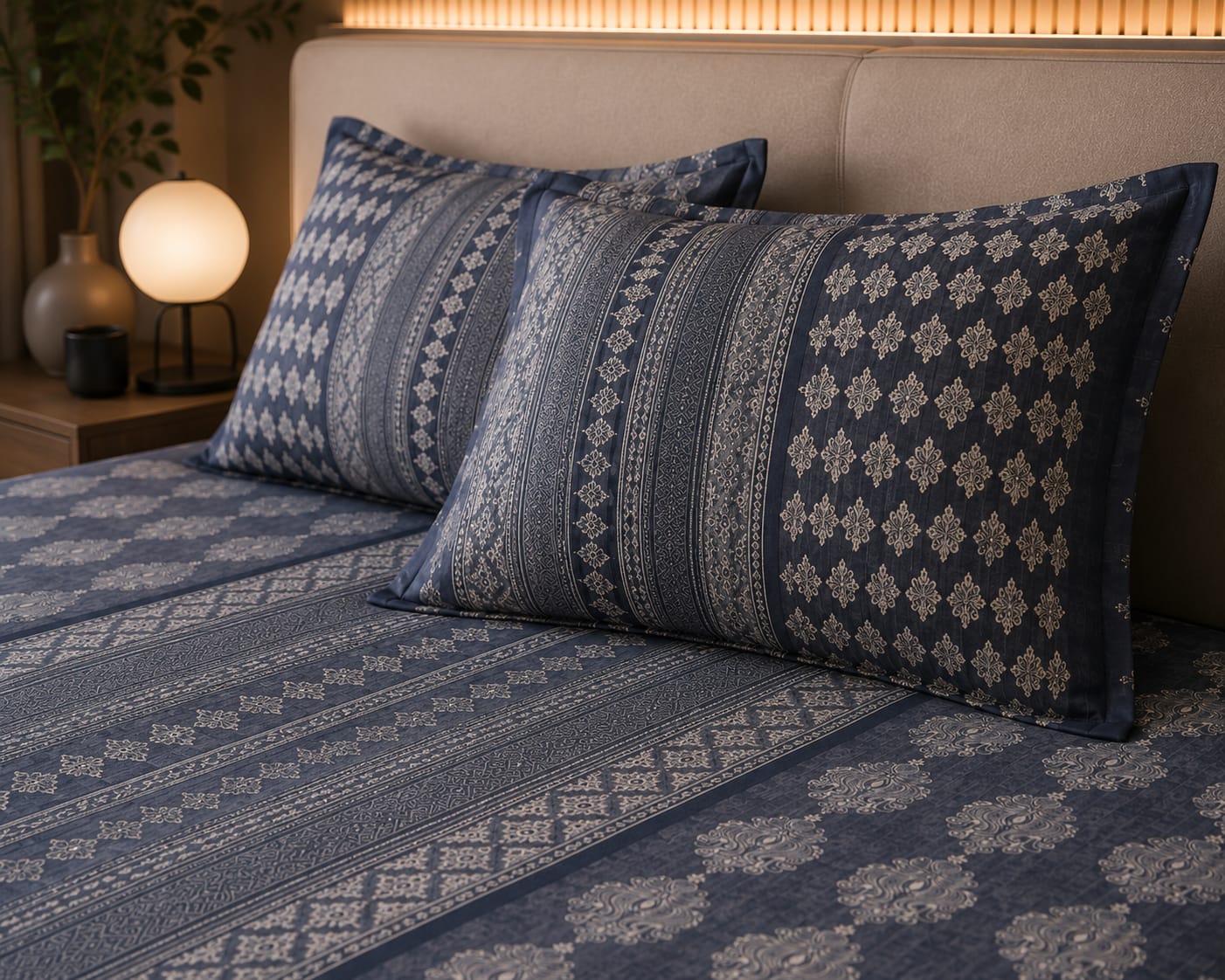 French rose - Royal Indigo Ethnic Stripe Premium Flat Bedsheet with 2 Pillow Covers - 100% coton