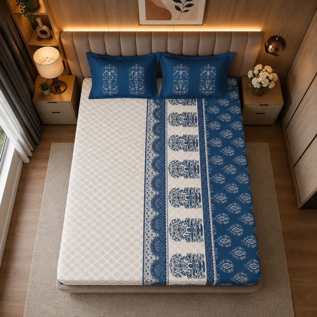 Dhurandhar Jaipur Heritage Indigo Paisley Border 100% Cotton Bedsheet – Ivory White & Royal Blue