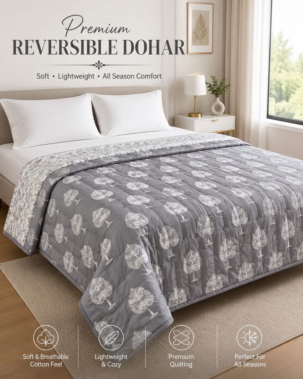 Nordic Tree Reversible Double Bed Dohar | Cotton Rich | All Season AC Quilt | Soft Quilted Grey & White Tree Print