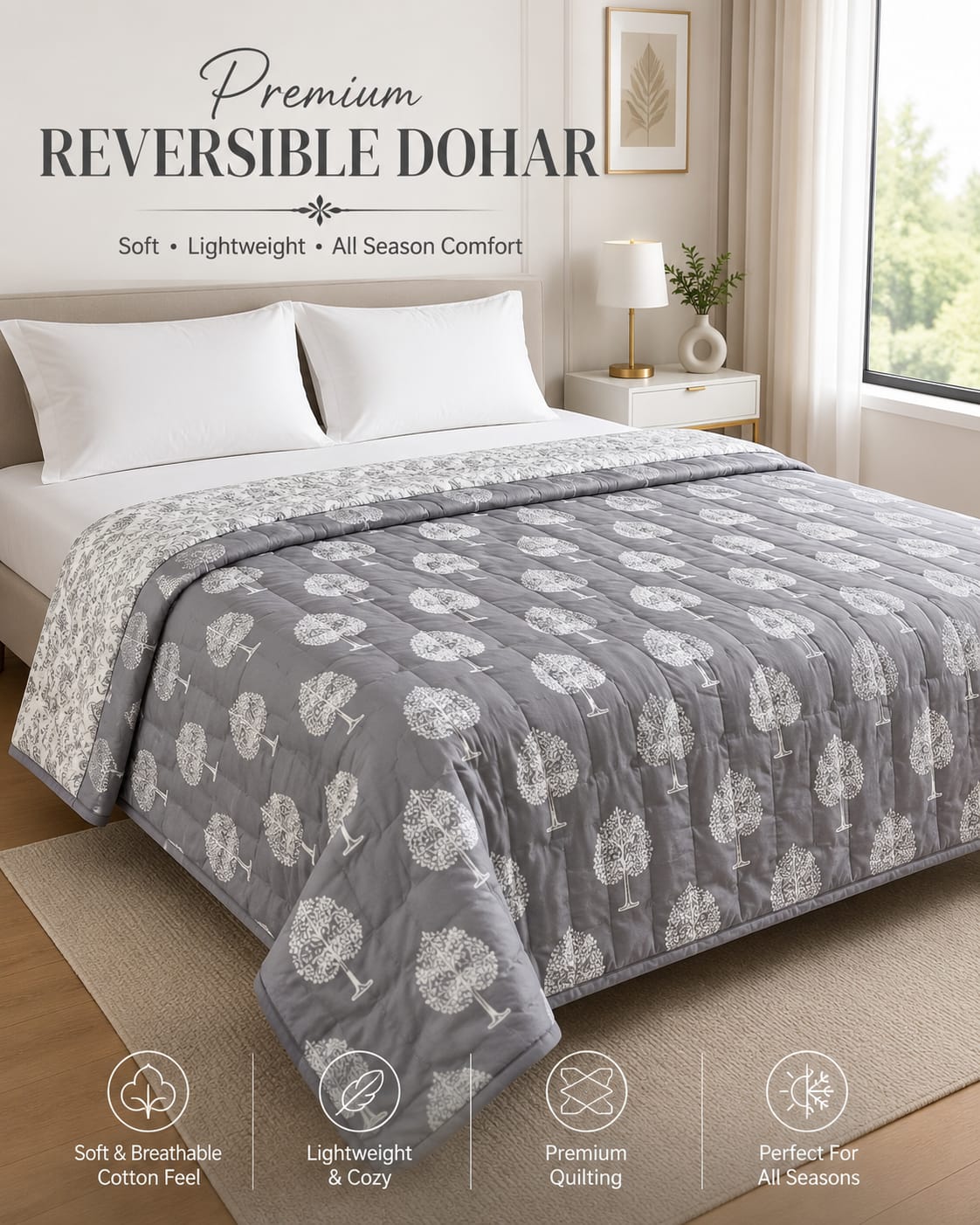 Nordic Tree Reversible Double Bed Dohar | Cotton Rich | All Season AC Quilt | Soft Quilted Grey & White Tree Print