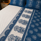 Dhurandhar Jaipur Heritage Indigo Paisley Border 100% Cotton Bedsheet – Ivory White & Royal Blue