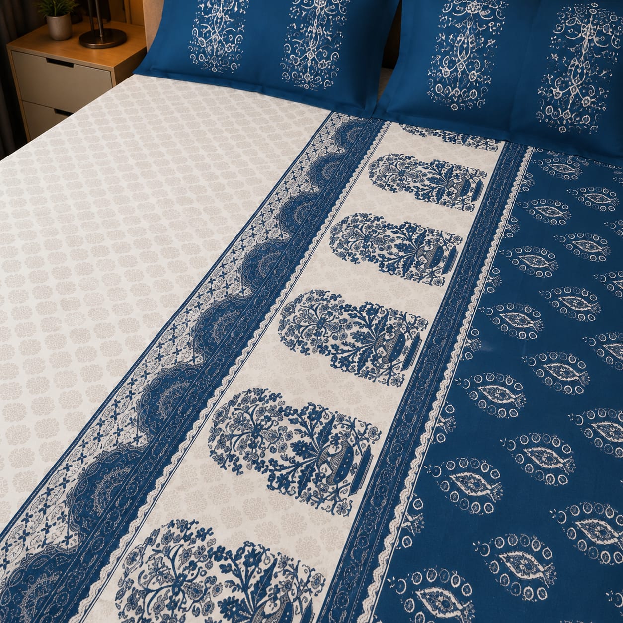 Dhurandhar Jaipur Heritage Indigo Paisley Border 100% Cotton Bedsheet – Ivory White & Royal Blue