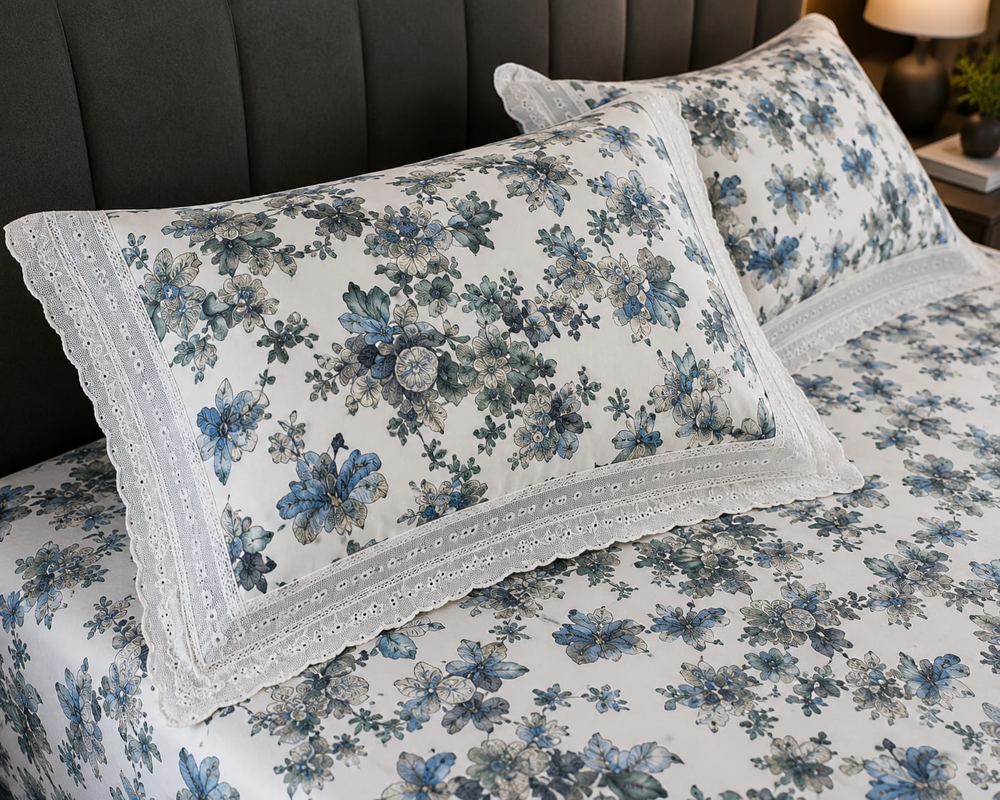 True block - Blue Orchid Royale Premium Flat Bedsheet - 100% cotton with Lace Pillowcases