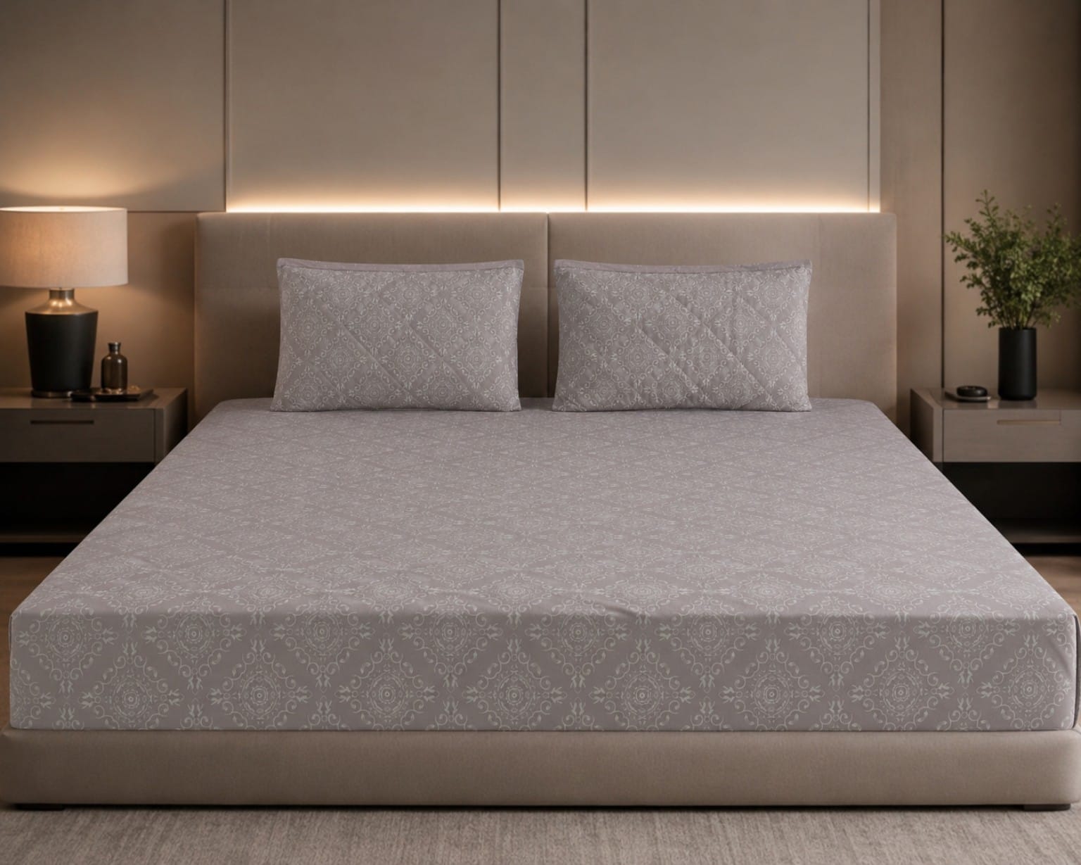 Rockstar - Mist Grey Regal Damask Premium -100% Cotton Bedsheet Set With Quilted Pillowcovers