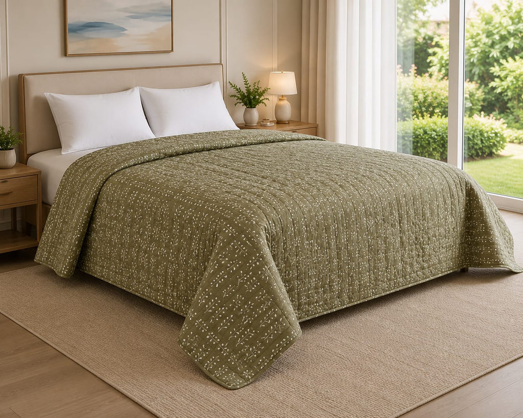 Ivory & Olive Floral Motifs Reversible Double Bed-100%Cotton AC Dohar