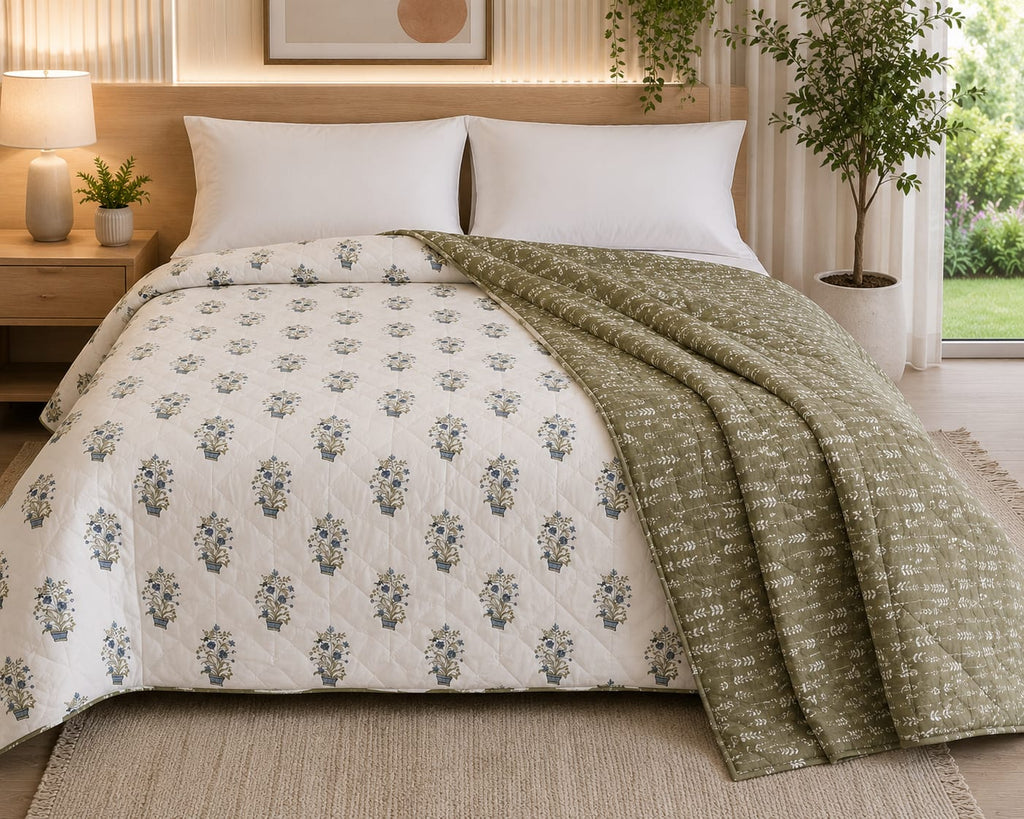 Ivory & Olive Floral Motifs Reversible Double Bed-100%Cotton AC Dohar