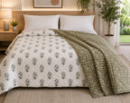 Ivory & Olive Floral Motifs Reversible Double Bed-100%Cotton AC Dohar