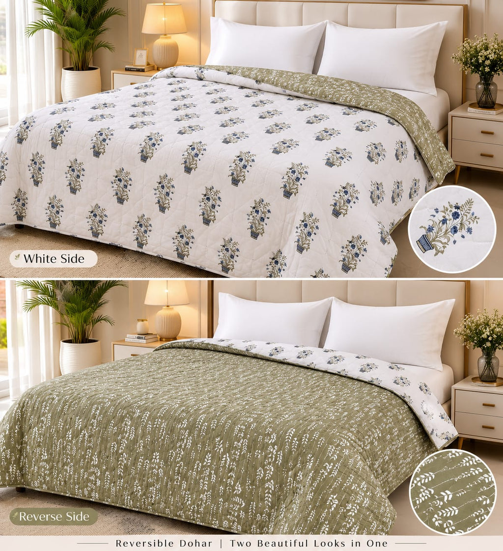 Ivory & Olive Floral Motifs Reversible Double Bed-100%Cotton AC Dohar