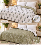 Ivory & Olive Floral Motifs Reversible Double Bed-100%Cotton AC Dohar