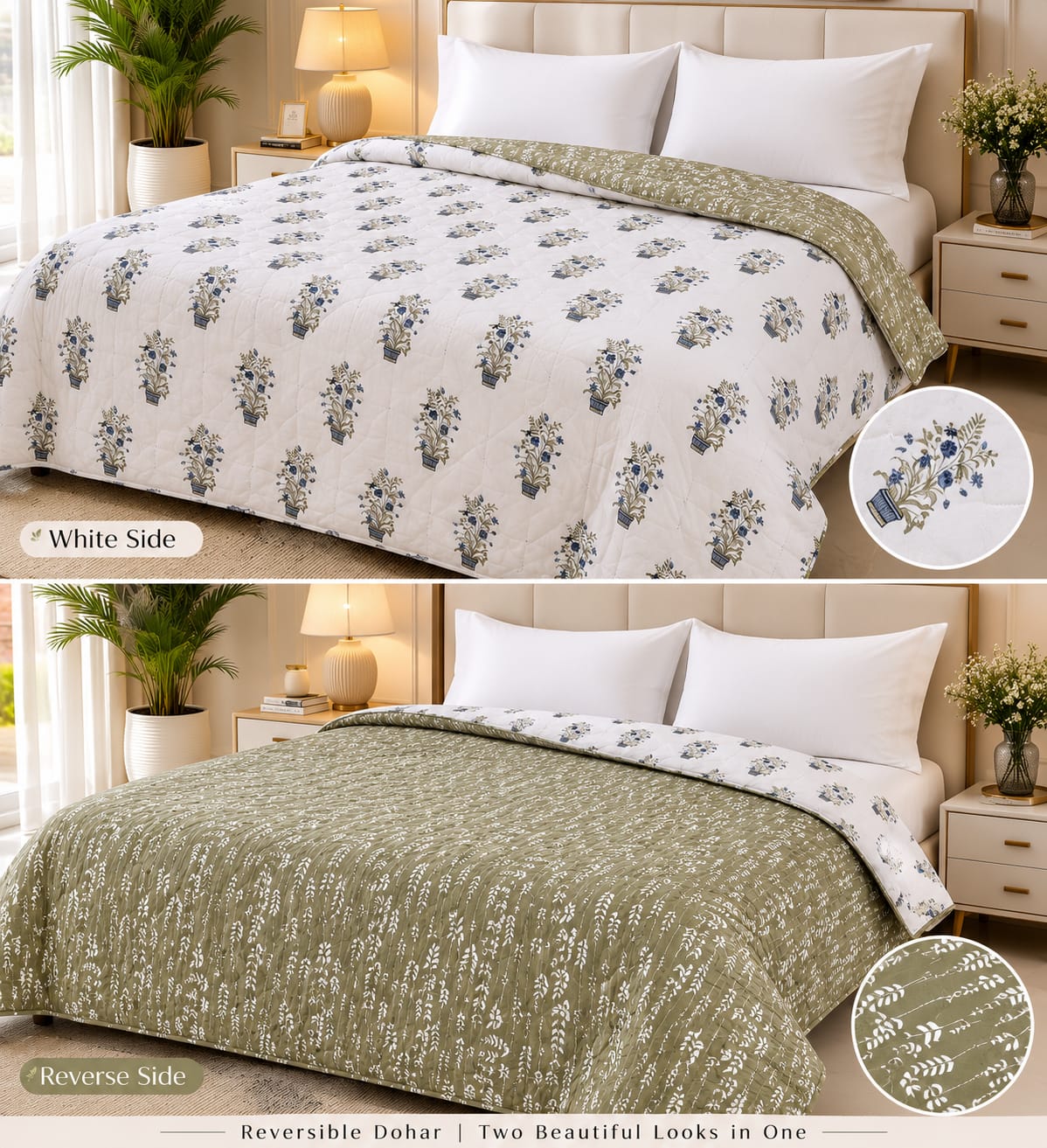 Ivory & Olive Floral Motifs Reversible Double Bed-100%Cotton AC Dohar