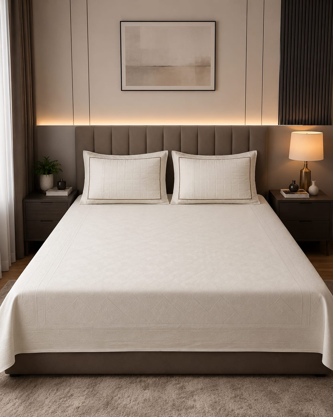 Embose - Ivory Taupe Regal Medallion Premium - 100%Cotton Bedsheet Set with Quilted Pillow Covers